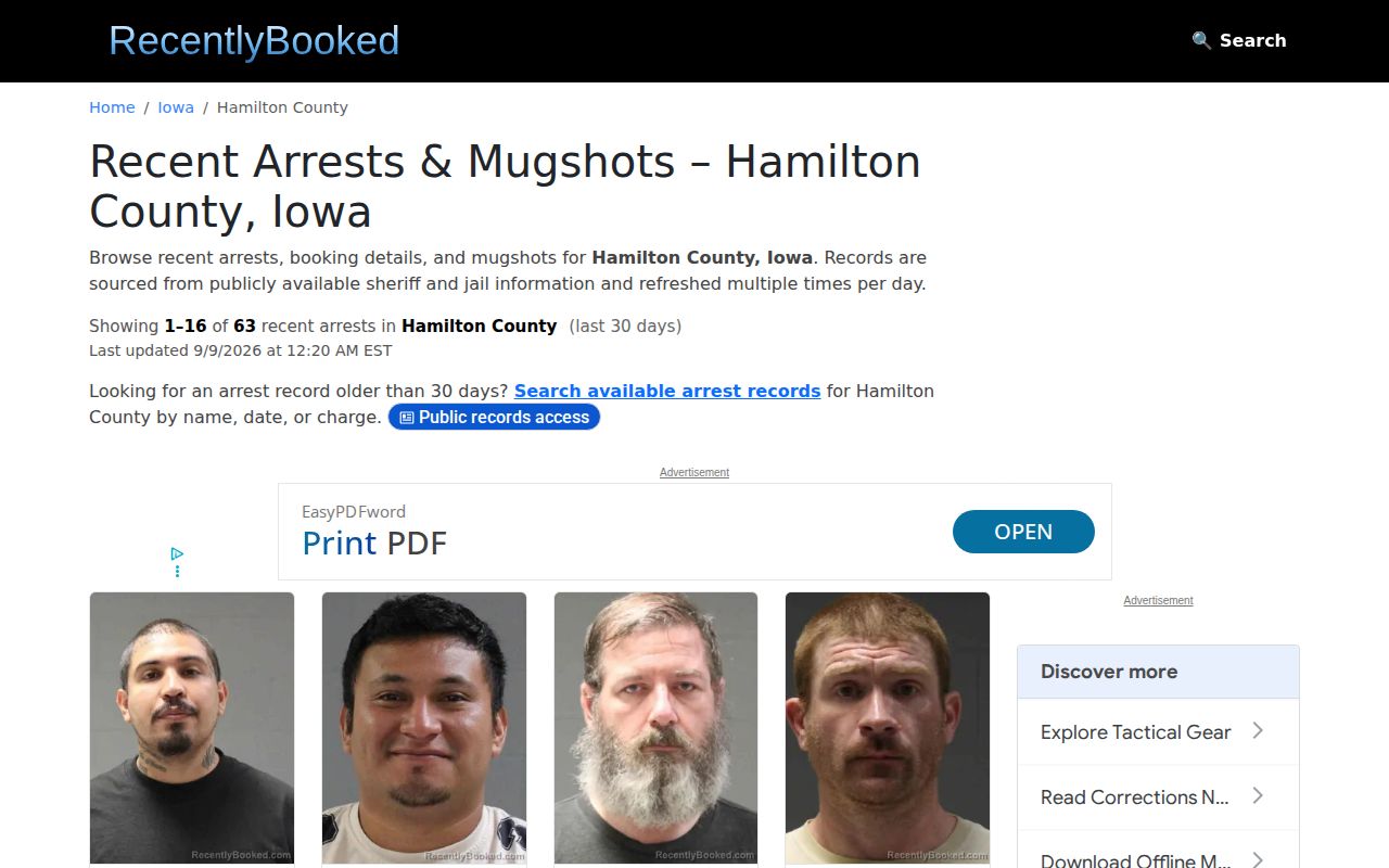Hamilton County unofficial recent arrest interface showing a multi-day window