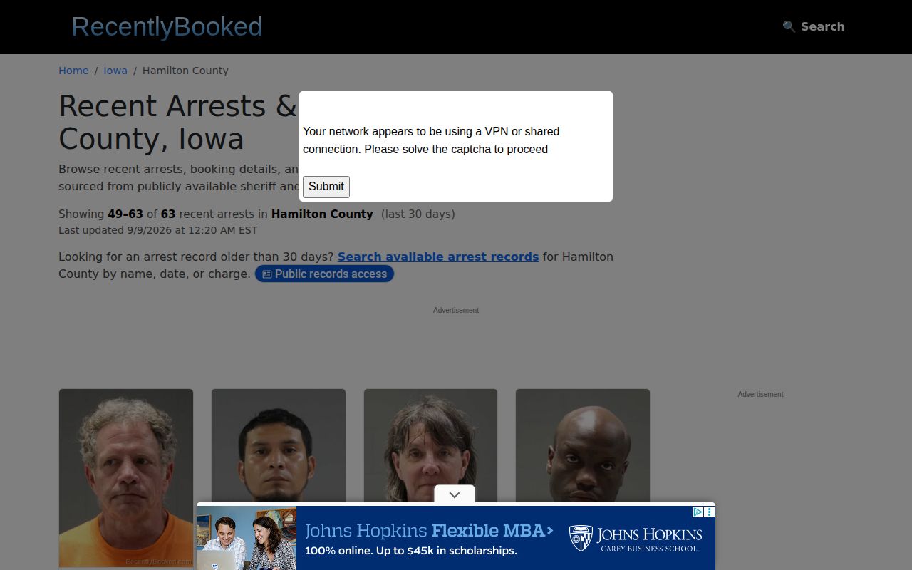 Hamilton County multi-day arrest log page-depth interface