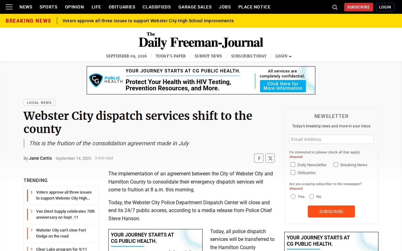 Freeman Journal report about Webster City police dispatch and Hamilton County arrest communications